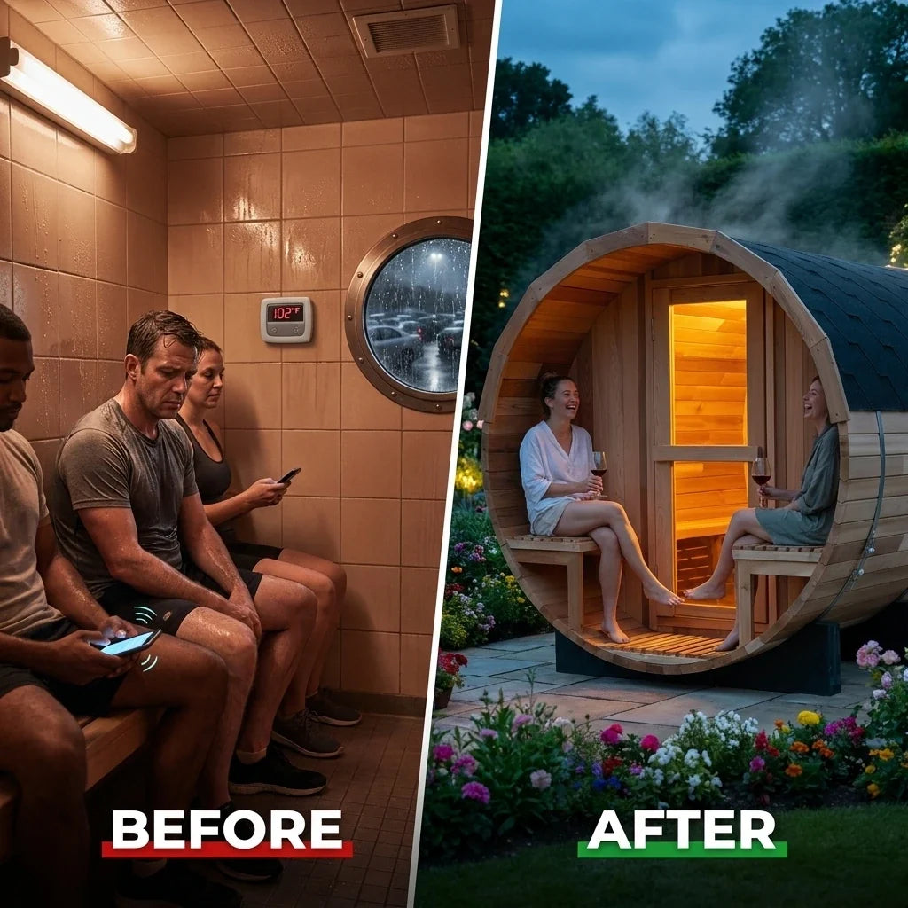 6-Person Patchworkred Cedar Traditional Steam Barrel Sauna — Before & After