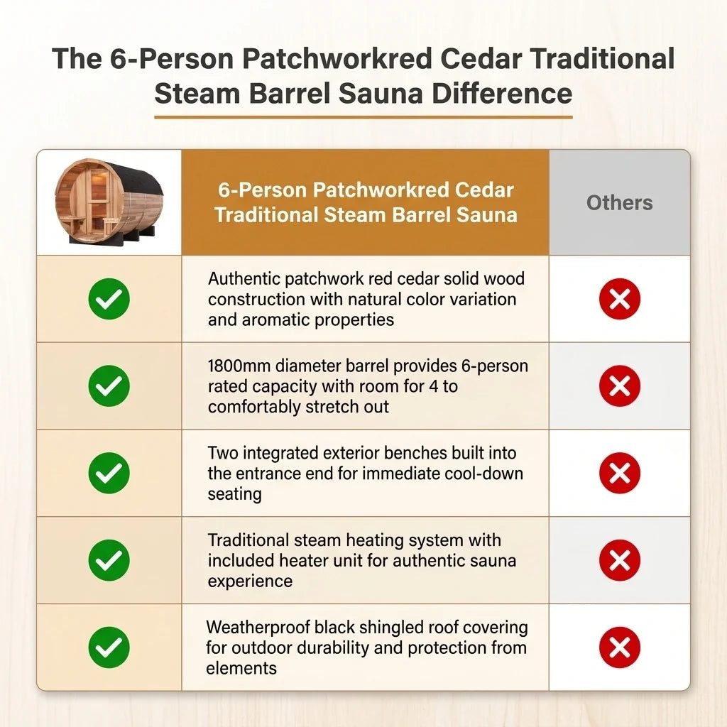 6-Person Patchworkred Cedar Traditional Steam Barrel Sauna — Comparison