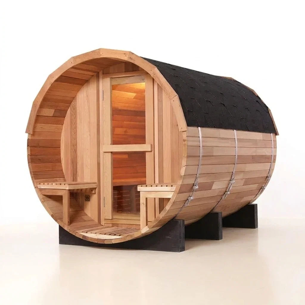 6-Person Patchworkred Cedar Traditional Steam Barrel Sauna — Studio Shot