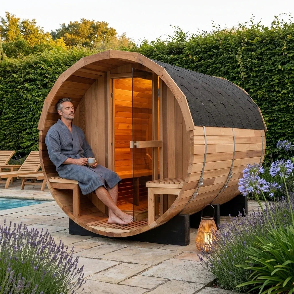 6-Person Patchworkred Cedar Traditional Steam Barrel Sauna — Lifestyle