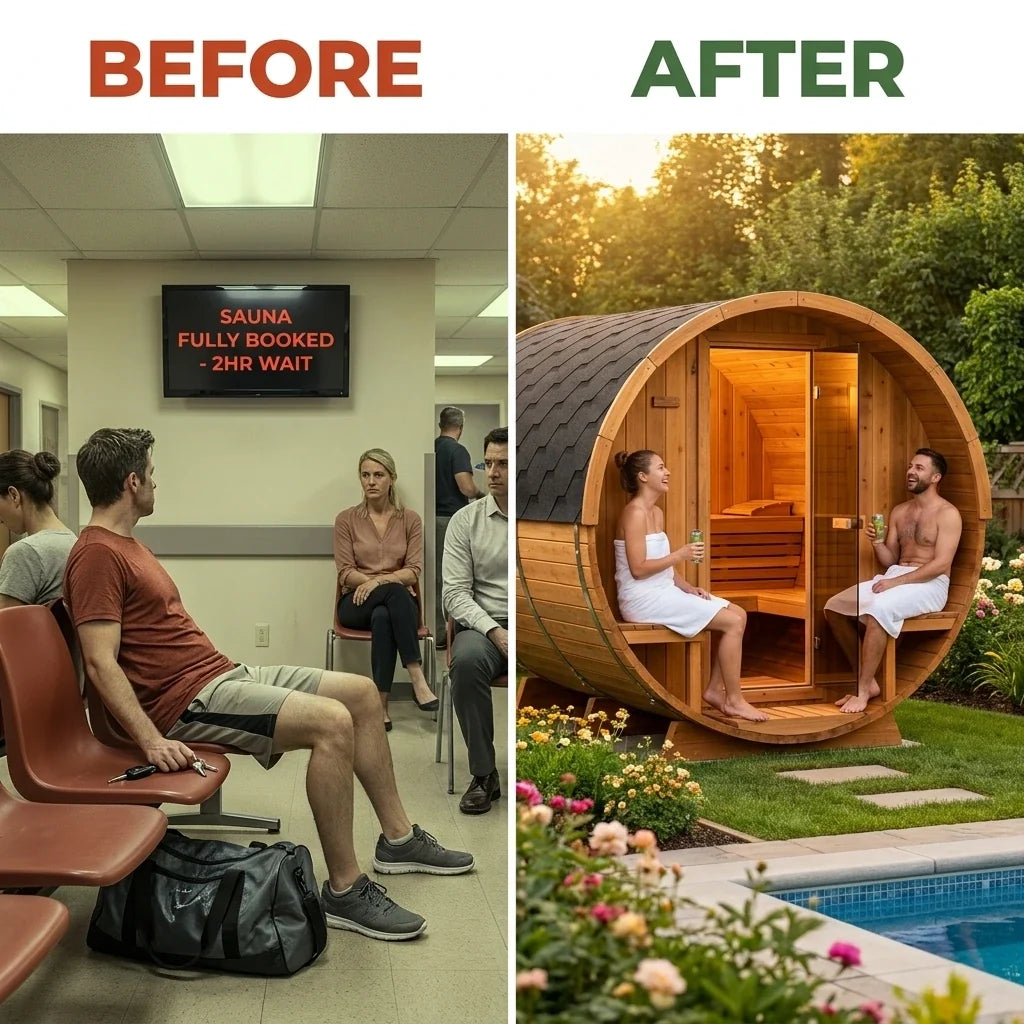 Barrel Sauna Built for Traditional Steam Experience, 6-Person Capacity, Red Cedar Construction, 6000W Heater — Before & After