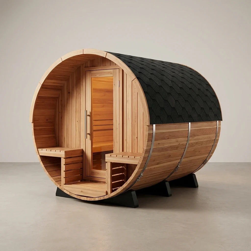 Barrel Sauna Built for Traditional Steam Experience, 6-Person Capacity, Red Cedar Construction, 6000W Heater — Studio Shot