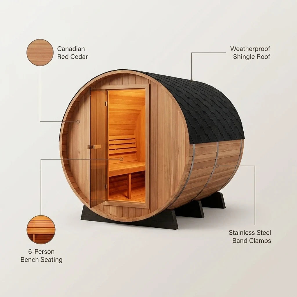 Barrel Sauna Built for Traditional Steam Experience, 6-Person Capacity, Red Cedar Construction, 6000W Heater — infographic