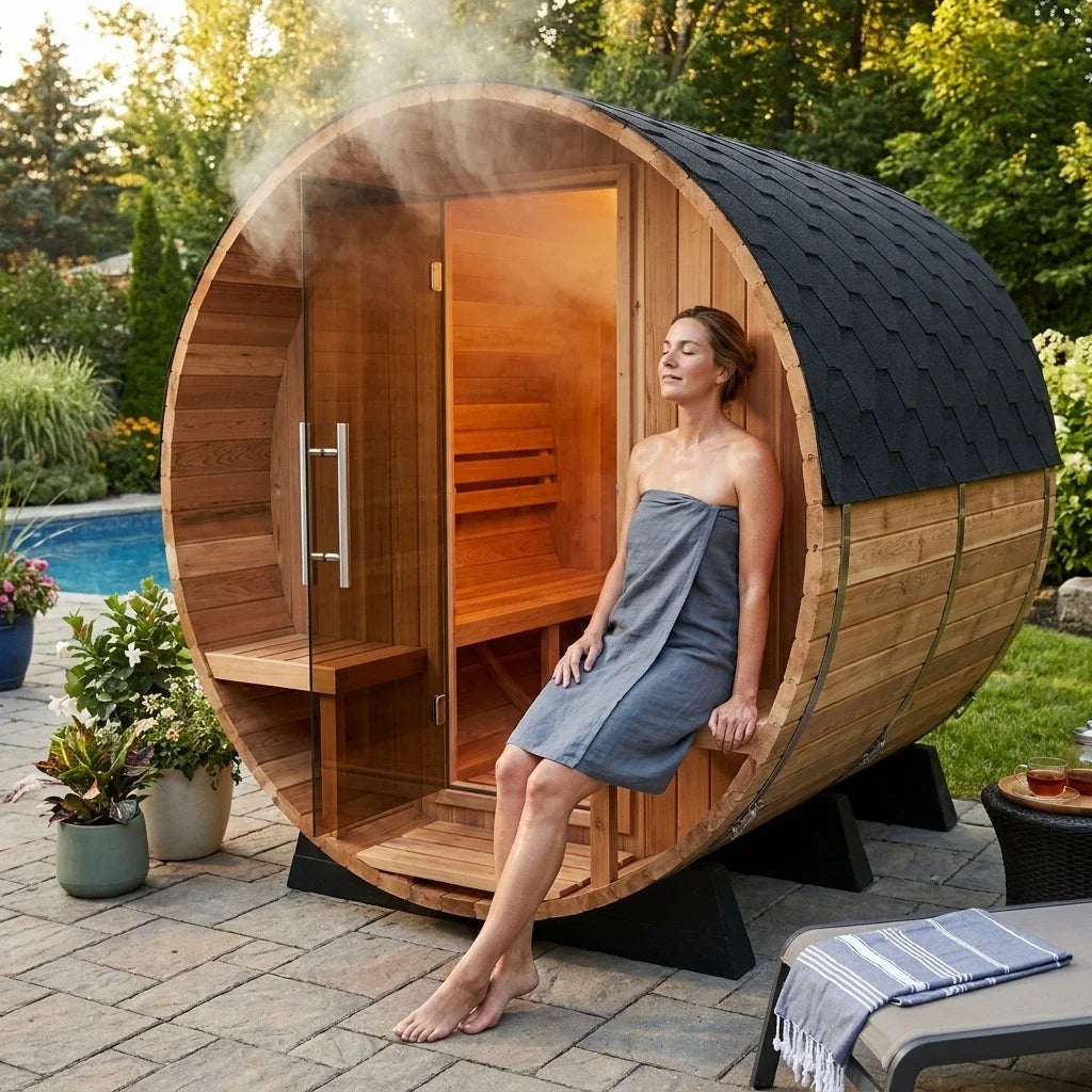 Barrel Sauna Built for Traditional Steam Experience, 6-Person Capacity, Red Cedar Construction, 6000W Heater — Lifestyle