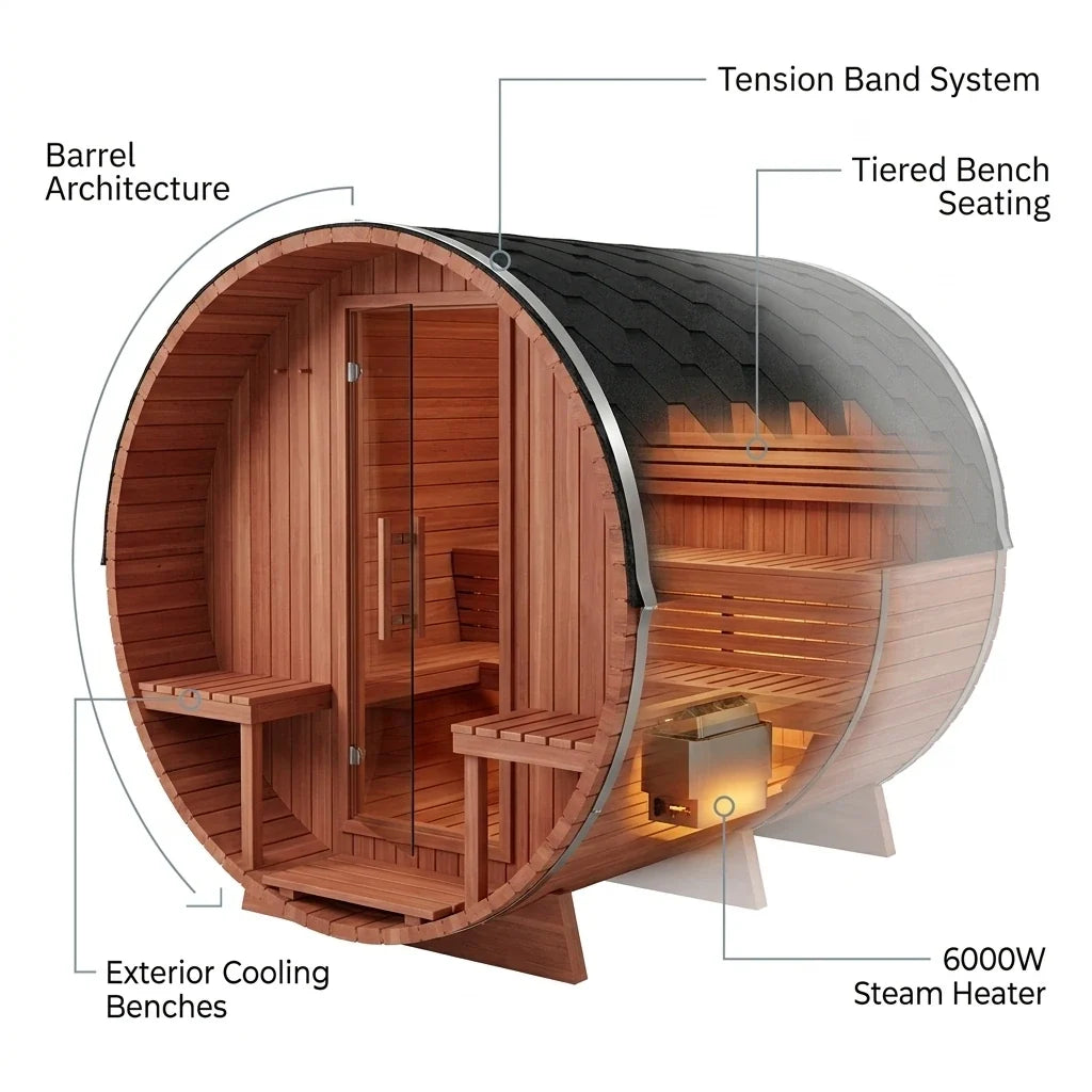 Barrel Sauna Built for Traditional Steam Experience, 6-Person Capacity, Red Cedar Construction, 6000W Heater — How It Works